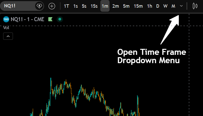 TradingView chart showing the time frame dropdown menu location in the top left toolbar
